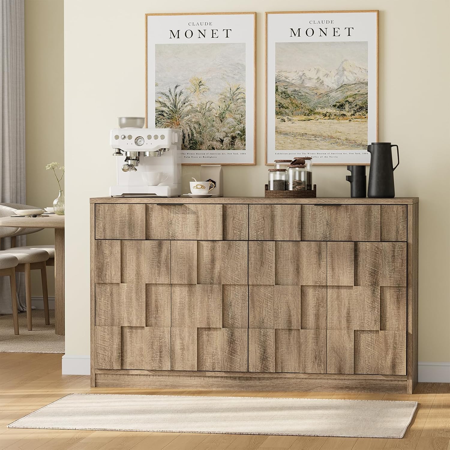 ONBRILL 61" Sideboard Buffet Cabinet with Storage, Large Coffee Bar Cainet with Doors and Drawers, Wood Credenza Console Cabinet Buffet Table for Kitchen Living Room Entryway (Washed Grey)