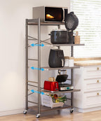 5-Tier Pull Out Baker's Rack with Storage, Heavy Duty Microwave Stand with Wood Pull Out Shelves, Adjustable Microwave Cart with Wheels (23.6''W x 60''H)