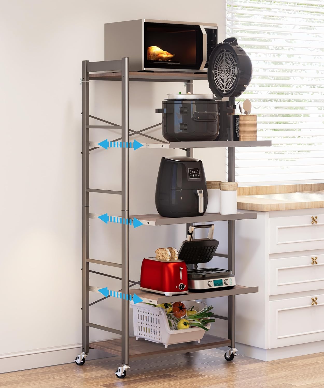 5-Tier Pull Out Baker's Rack with Storage, Heavy Duty Microwave Stand with Wood Pull Out Shelves, Adjustable Microwave Cart with Wheels (23.6''W x 60''H)