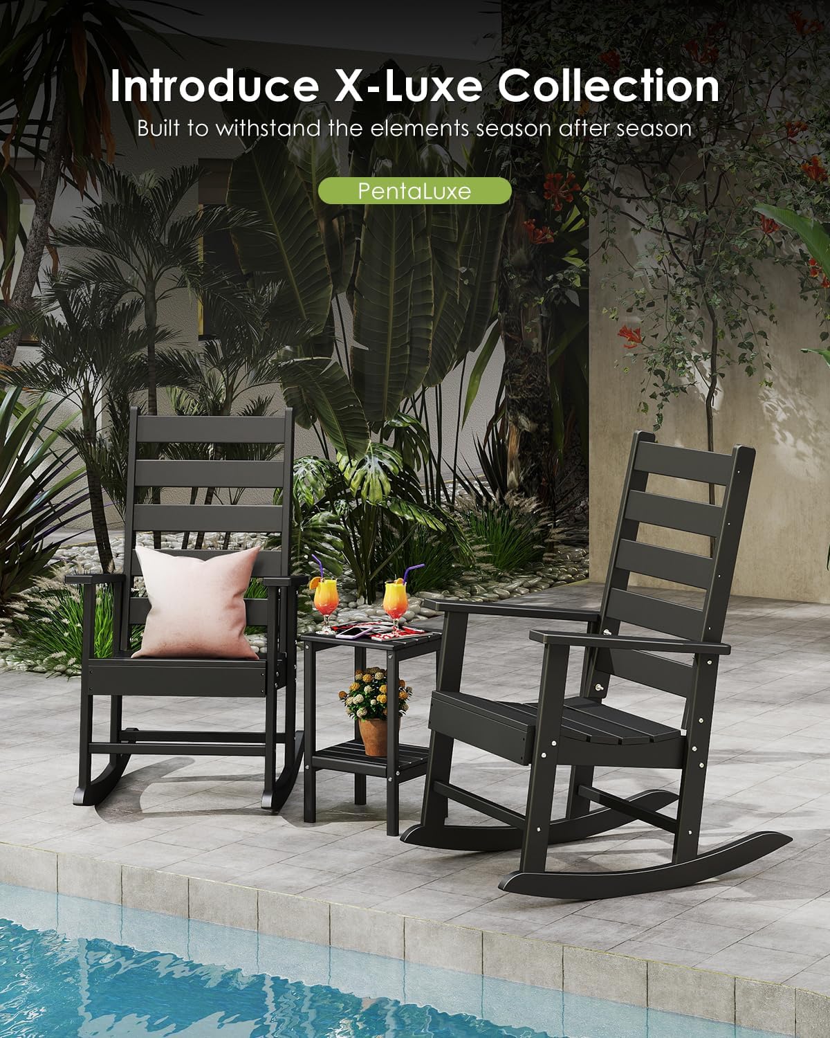 GREENVINES Outdoor-Rocking-Chairs-Set-of-2 | HDPE Plastic | Patio Rockers | Porch Rocker Chair | Shaker | Oversized | High Ladder Back | Big & Tall | PentaLuxe | Black