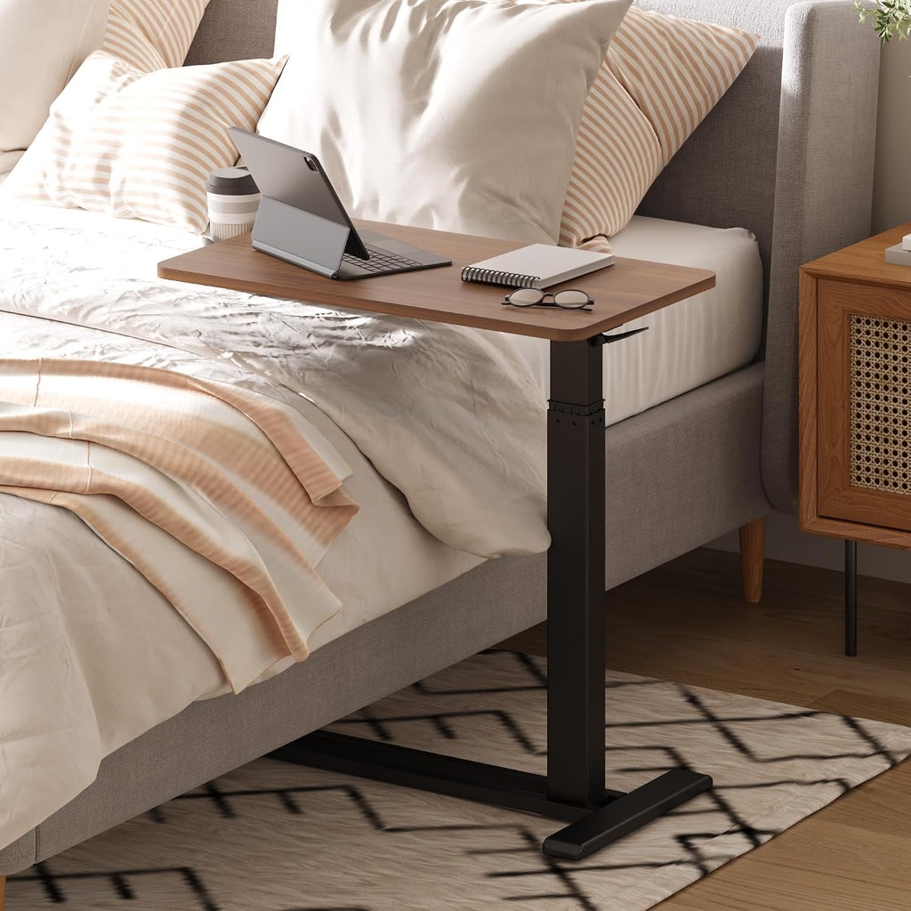 28'' Medical Overbed Bedside Table with Wheels,Rolling Table | 28''x16'' Mahogany Pneumatic Tilting Desktop,Overbed Bedside Table with Hidden Casters for Hospital Use