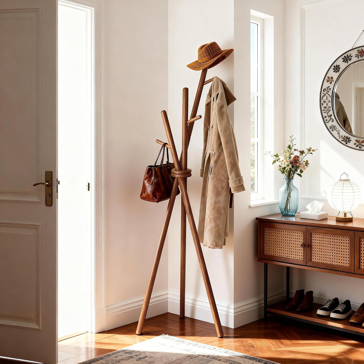 VICITON Wooden Coat Rack, Tripod Coat Tree Freestanding with 3 Hooks for Clothes, Hats and Handbags, Coat Hanger Stand for Bedroom, Living Room, Entryway (Dark)