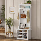 IRONCK Hall Tree with Bench and Shoe Storage, 6-in-1 Entryway Bench with Coat Rack, Adjustable Shelf, Hanging Hooks, 6 Shoe Cubbies, 2-Tier Top Storage, for Entryway, Bedroom, Living Room, White