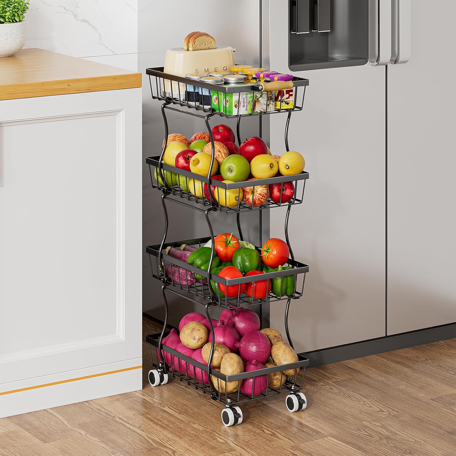 Stackable Fruit Vegetable Basket 4 Tier Kitchen Storage Rolling Cart | metal frame, 9.4“ width for small ppace, easy assembly, veggie rack for potato onion produce apple banana, move smoothly