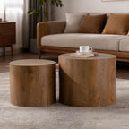 Nesting Round Coffee Table Set of 2, Accent End Table for Small Spaces, Morden Drum Side Table, Wooden Circle Center Table for Living Room, Fully Assembled - Light Walnut