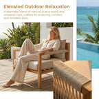 Acacia Wood Outdoor Lounge Chair, Wooden Patio Accent Chairs with Beige Rope Weave & Weather-Resistant Cushions, Comfy Reading Armchair for Porch, Deck, Garden