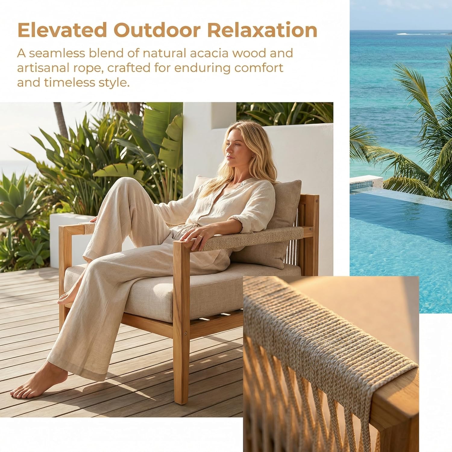 Acacia Wood Outdoor Lounge Chair, Wooden Patio Accent Chairs with Beige Rope Weave & Weather-Resistant Cushions, Comfy Reading Armchair for Porch, Deck, Garden