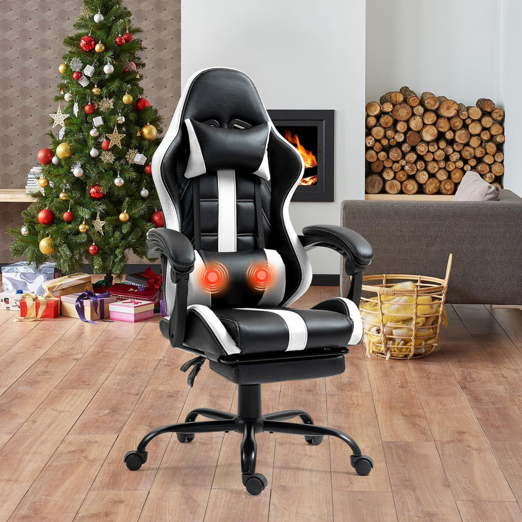 Massage Gaming Chair with Footrest, Ergonomic PU Leather Computer Chair w/Headrest and Lumbar, Height Adjustable, 360° Swivel Desk Office Chair, White