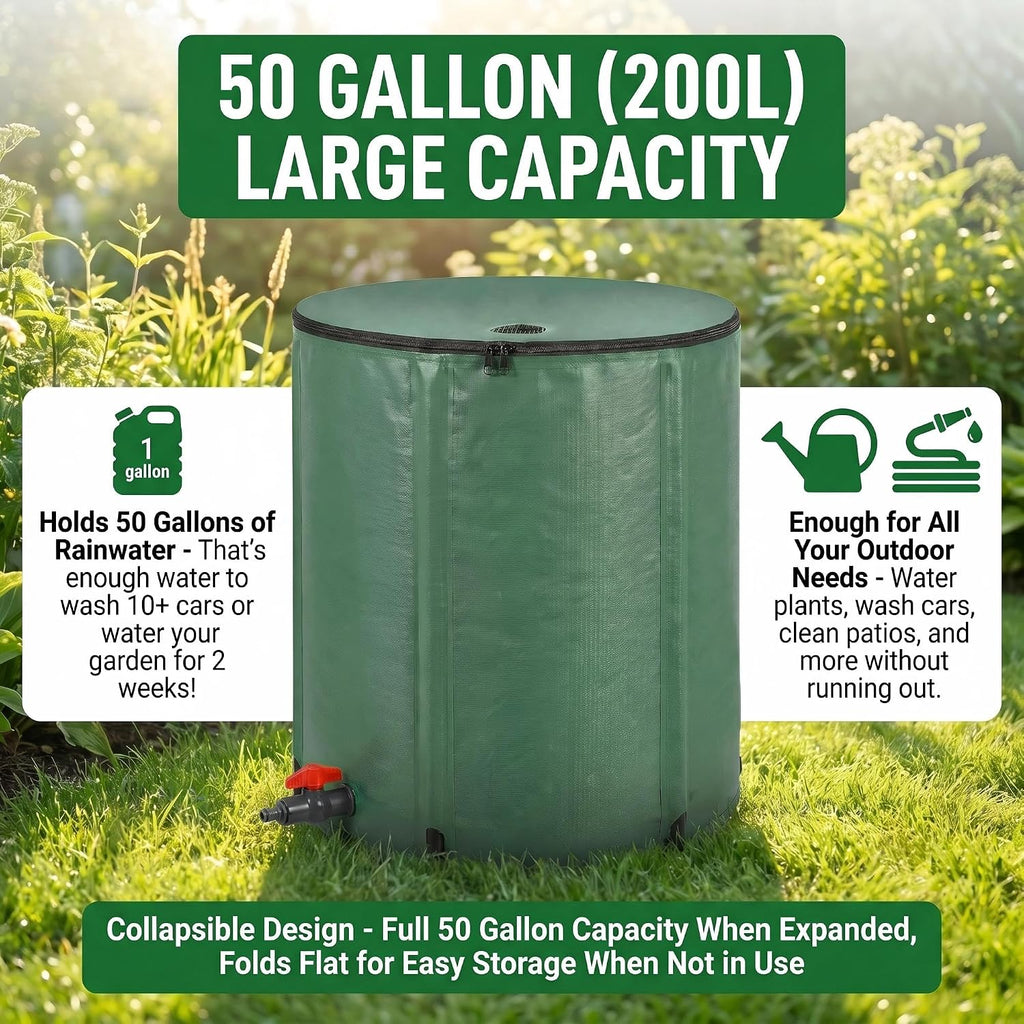 Collapsible 50 Gal Rain Barrel with Overflow Kit – Leakproof Water Storage Tank with Dual Spigots & Fine Mesh Filter, Ideal for Garden Irrigation, Car Washing, and Yard Cleaning