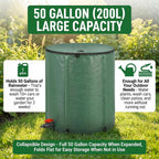 Collapsible 50 Gal Rain Barrel with Overflow Kit – Leakproof Water Storage Tank with Dual Spigots & Fine Mesh Filter, Ideal for Garden Irrigation, Car Washing, and Yard Cleaning