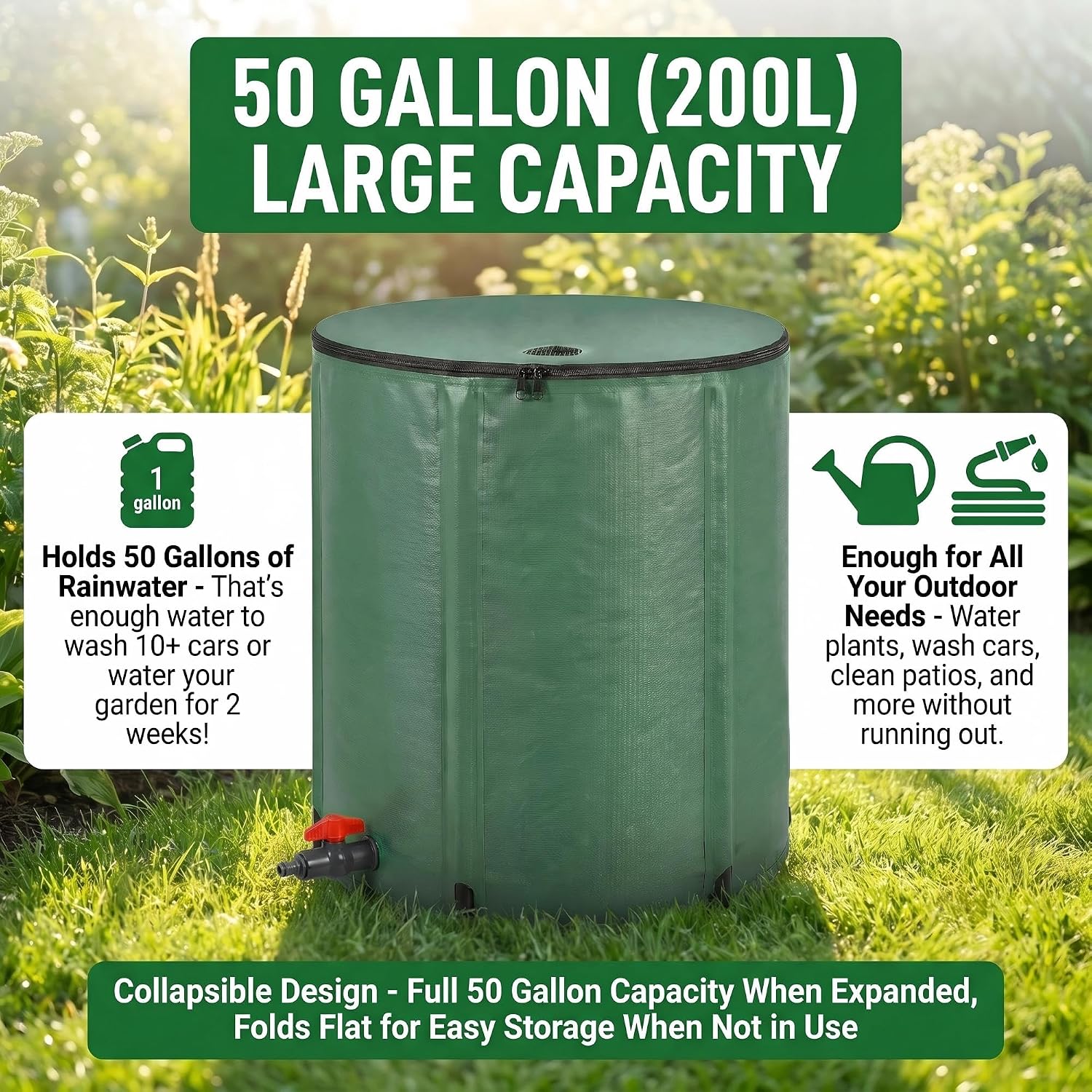 Collapsible 50 Gal Rain Barrel with Overflow Kit – Leakproof Water Storage Tank with Dual Spigots & Fine Mesh Filter, Ideal for Garden Irrigation, Car Washing, and Yard Cleaning