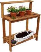 Sunnydaze 42-Inch Meranti Wood Outdoor Potting Bench with Storage Shelf - Teak Oil Finish