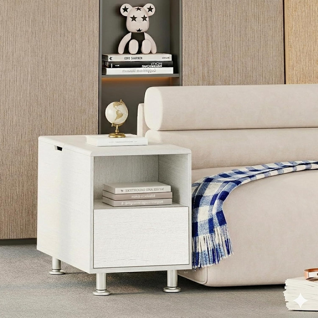 Rresyet Modular Sofa Console with Storage, Adjustable Height Side Table with Drawer & Open Shelf, 15.8" Narrow End Table for Sectional Sofa Couch (1, White, with Drawer)