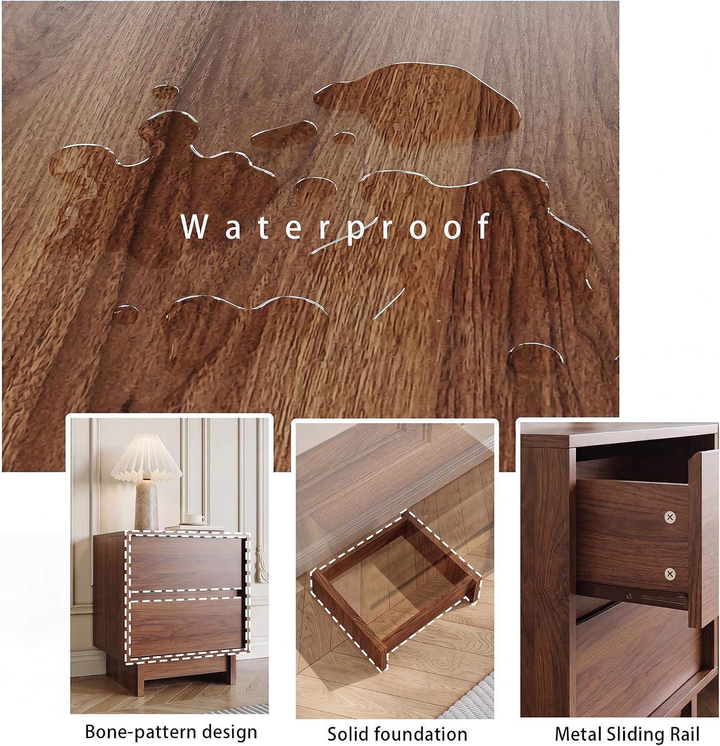 SINROM Walnut Nightstands Set of 2, Mid Century 2 Drawer Bedside End Table | Mid Century Modern Night Stand with 2 Drawers and Sleek Handleless Design, Wooden End Table with Elevated Base for Livingroom