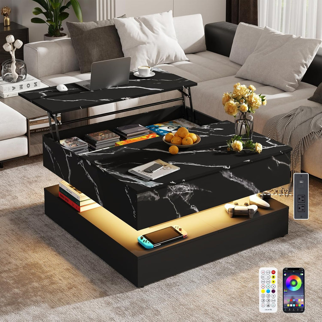 35.4" Large Square Coffee Table with Lifting top,Charging Station,Modern 2-Tier Square Center Table w/Hidden Compartment Storage,Tea Table with Wood Grain for Living Room, Office,Black Marble