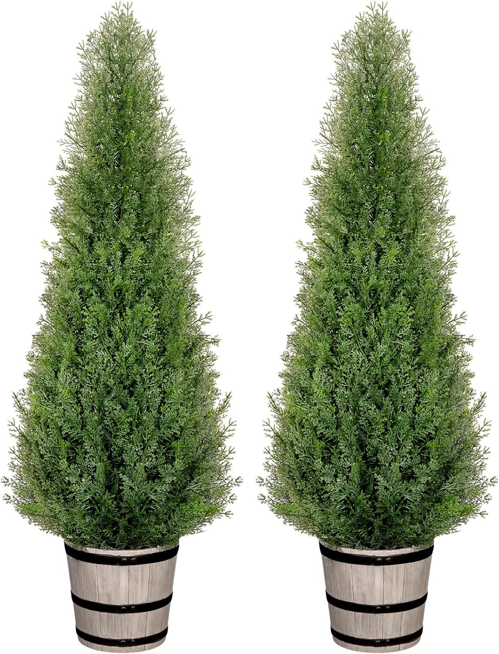 VIVATREES 4FT Artificial Cedar Topiary Trees with Rustic Barrel Planter, Outdoor Indoor Realistic Faux Pine Shrubs Plants, Fake Cypress Trees for Home Offices Porch Decor, Set of 2