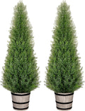 VIVATREES 4FT Artificial Cedar Topiary Trees with Rustic Barrel Planter, Outdoor Indoor Realistic Faux Pine Shrubs Plants, Fake Cypress Trees for Home Offices Porch Decor, Set of 2