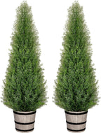 VIVATREES 4FT Artificial Cedar Topiary Trees with Rustic Barrel Planter, Outdoor Indoor Realistic Faux Pine Shrubs Plants, Fake Cypress Trees for Home Offices Porch Decor, Set of 2