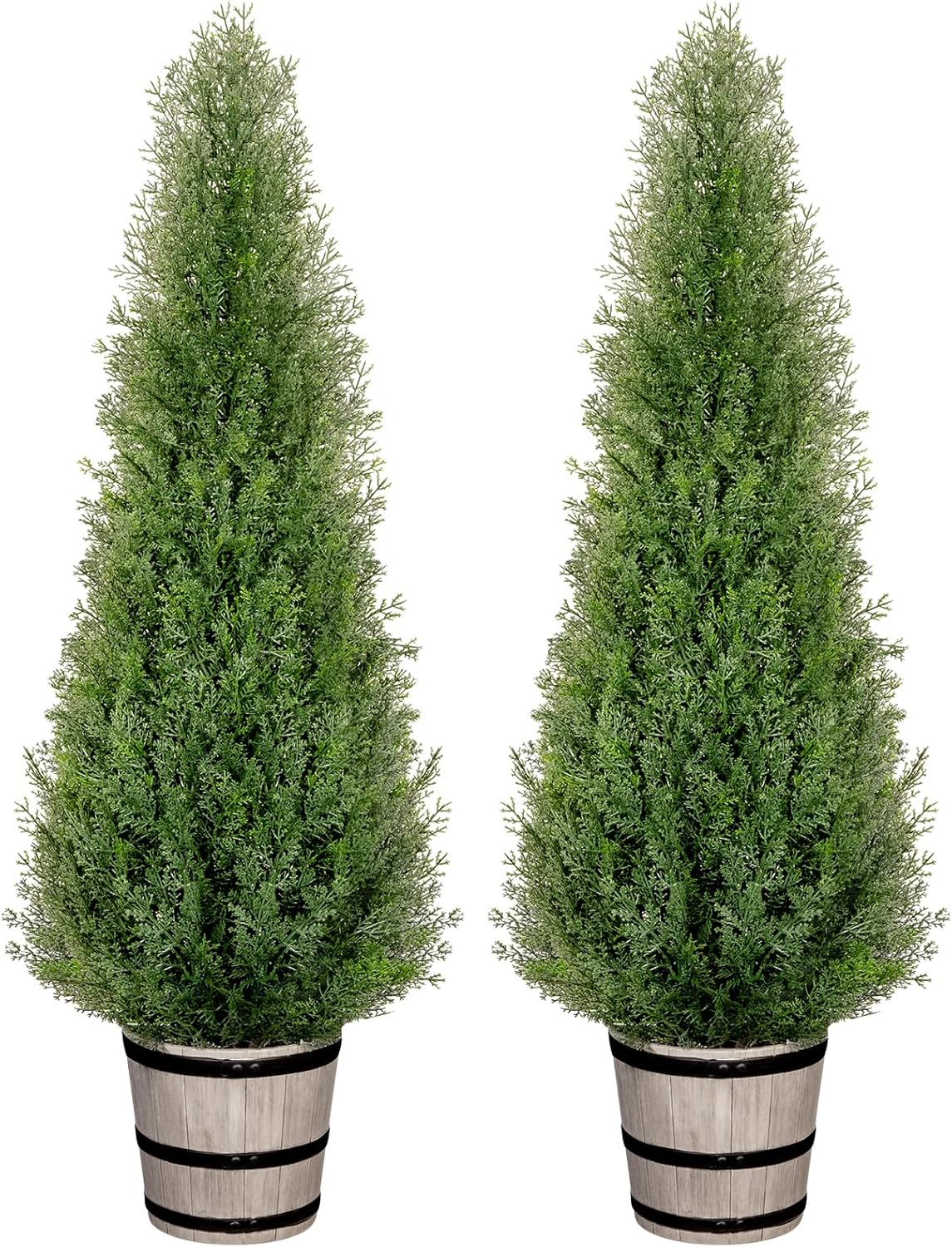 VIVATREES 4FT Artificial Cedar Topiary Trees with Rustic Barrel Planter, Outdoor Indoor Realistic Faux Pine Shrubs Plants, Fake Cypress Trees for Home Offices Porch Decor, Set of 2