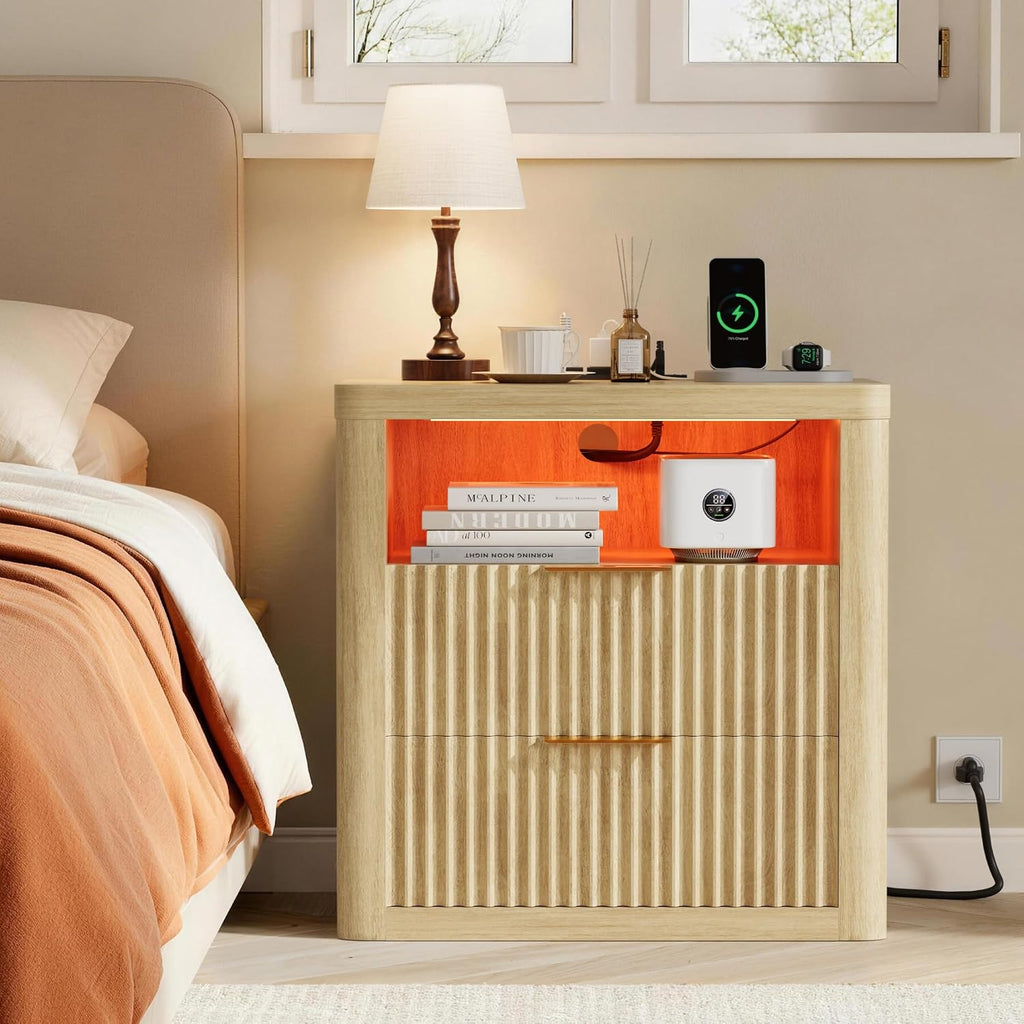 JUMMICO Fluted Nightstand with Charging Station & RGB Lights,Wooden End Table with 2 Deep Drawers & Open Storage Shelf,Thickened Top,Modern Bedside Table for Bedroom,Living Room,Wood