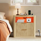 JUMMICO Fluted Nightstand with Charging Station & RGB Lights,Wooden End Table with 2 Deep Drawers & Open Storage Shelf,Thickened Top,Modern Bedside Table for Bedroom,Living Room,Wood