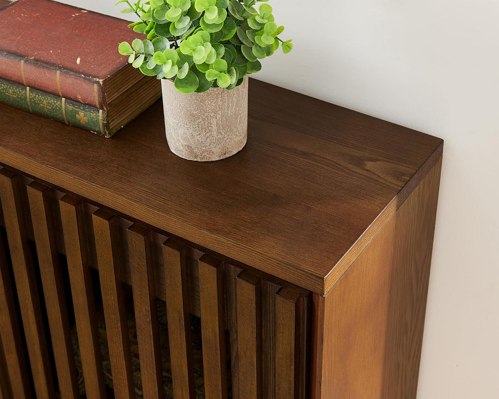 LKTART Mid Century Modern Sideboard Buffet Storage Cabinet, Narrow Credenza Entryway Cabinet with 2 Doors,Media Console Table for Living Room,Hallway-Walnut,2 Piece