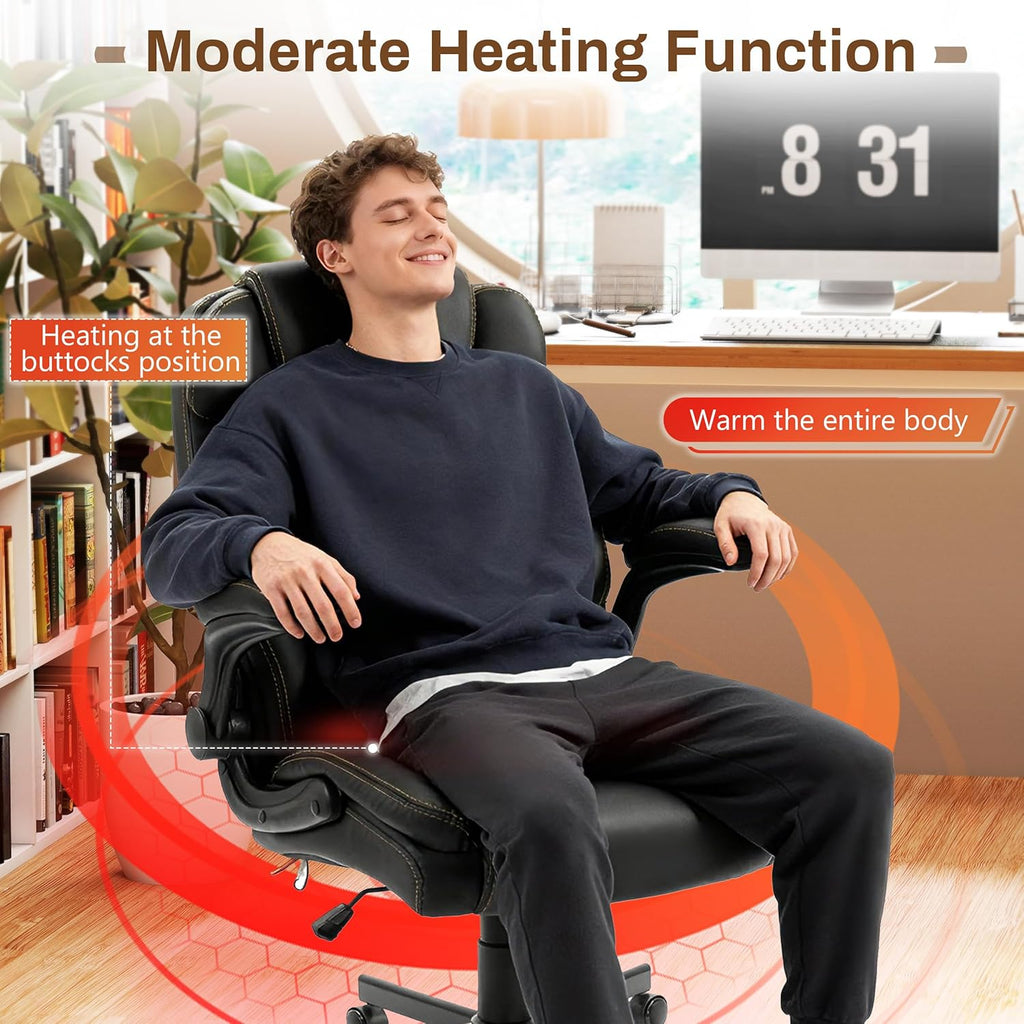 Massage Office Chair, 500LBS Ergonomic Rocking Executive Desk Chairs with 4 Points Vibration&Heat,Padded Flip-up Armrests for Big and Tall Office Chair,Swivel Computer Chair Thicken, PU Black
