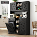 71" Tall 47"Wide Kitchen Pantry Storage Cabinet with Power Outlets,Farmhouse Kitchen Double Tilt Out Trash Cabinet 10X2 Gallon Garbage Holder with Two Drawers,Freestand Laundry Sort Cabinets(Black)
