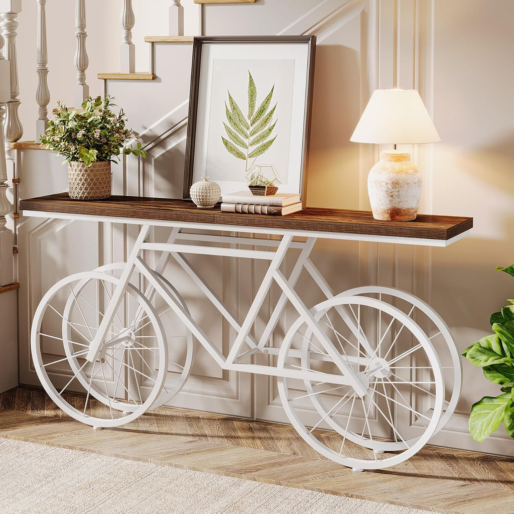 Tribesigns 70.9-Inch Extra Long Console Table, Narrow Sofa Table with Bicycle Metal Base, Modern Industrial Entryway Table for Living Room, Hallway, Entrance, Foyer, Rustic Brown & White