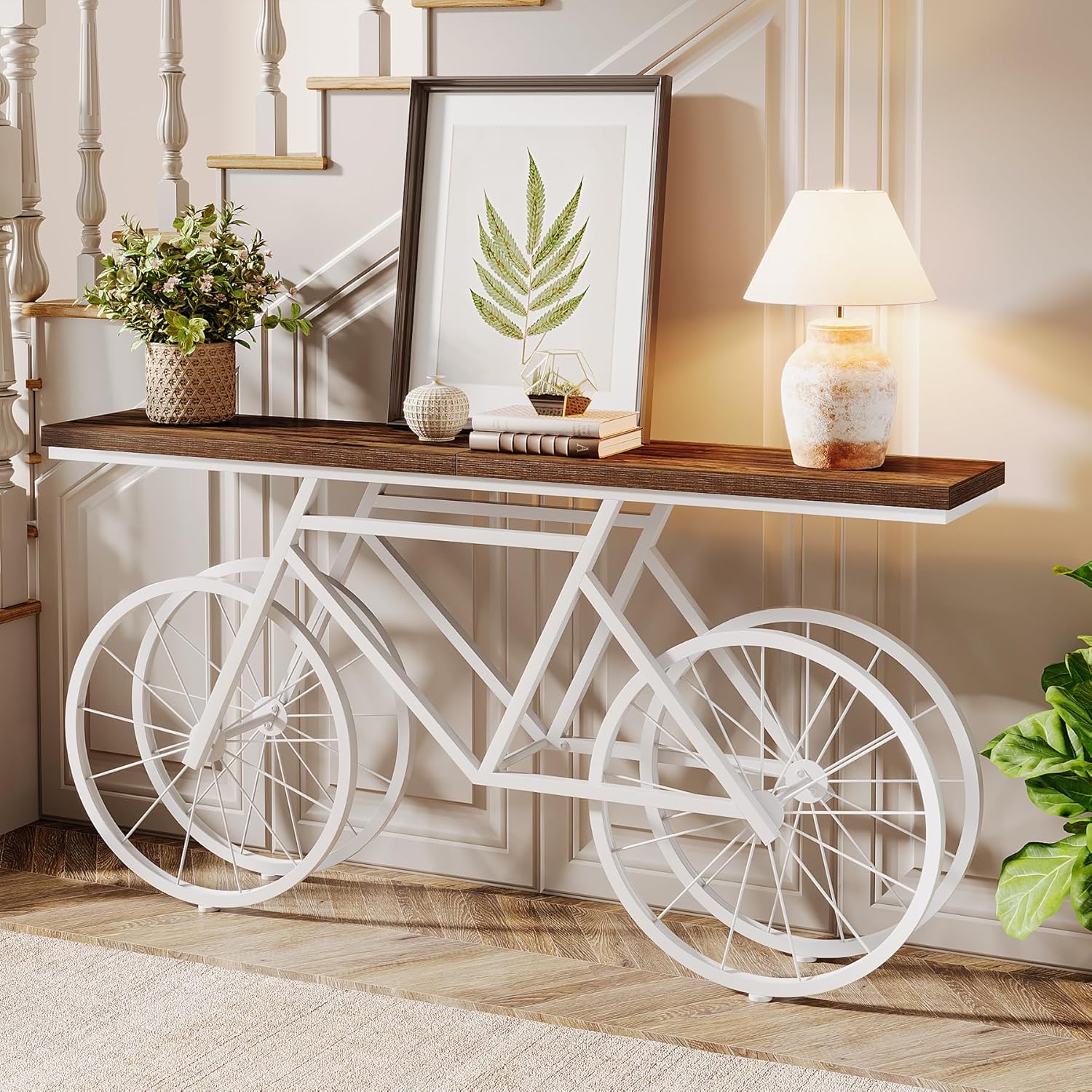 Tribesigns 70.9-Inch Extra Long Console Table, Narrow Sofa Table with Bicycle Metal Base, Modern Industrial Entryway Table for Living Room, Hallway, Entrance, Foyer, Rustic Brown & White