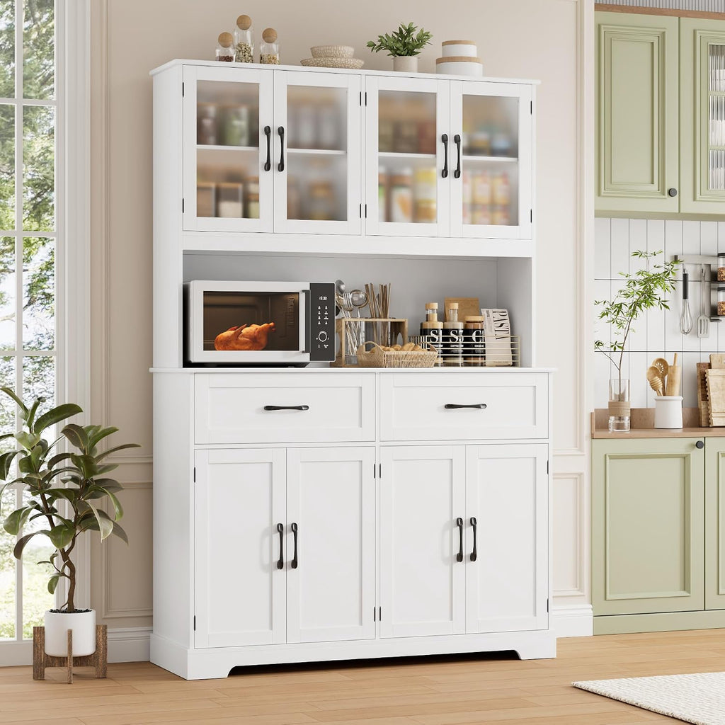 BOTLOG Pantry Storage Cabinet with Microwave Stand, 71" Tall Kitchen Hutch, Large White Pantry Cabinet with Glass Doors for Dining Room