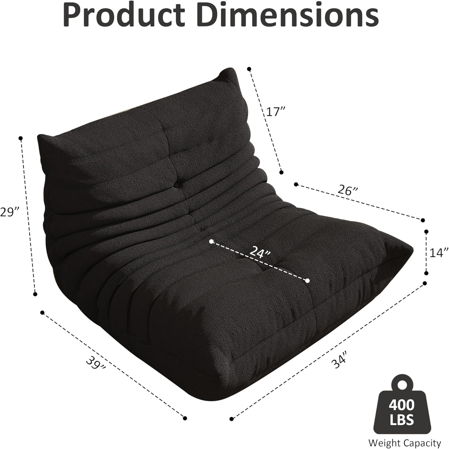 Giant Bean Bag Chair for Adults,Comfy Lazy Fireside Accent Chair with Memory Foam,Cozy Single Floor Sofa Couch Boneless Chaise Lounge for Living Room Bedroom Gaming Room(Black,1Seater)