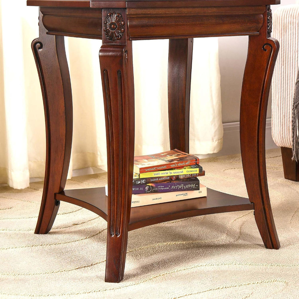 PADMA HOUSE Set of 2 Solid Wood Small End Table with Glasstop, Vintage Square Sofa Side Table with Storage Shelf and Curved Legs, 2-Tier Bedside Tables Nightstand in Cherry,19.7" Dx23.8 H
