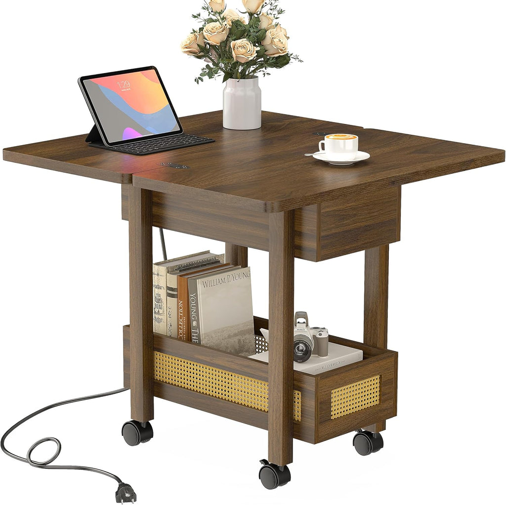 YOSHOOT Flip Top End Table with Charging Station, Narrow Side Table | 13" Wide, Rattan, Extensible Design, Small Table with Storage and Wheels, Suitable for Living Room Bedroom Apartment, Walnut