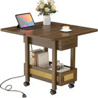 YOSHOOT Flip Top End Table with Charging Station, Narrow Side Table | 13" Wide, Rattan, Extensible Design, Small Table with Storage and Wheels, Suitable for Living Room Bedroom Apartment, Walnut