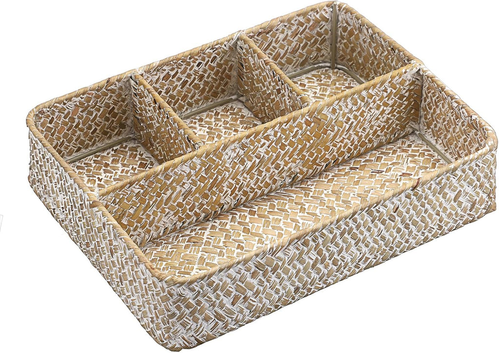 Hipiwe 4-Section Snacks Basket Serving Tray Wicker Divided Tea Bag Basket | Handwoven Seagrass Coffee Pod Organizer Sugar Packet Holder Basket Bin for Shelf Coffee Bar, Whitewash