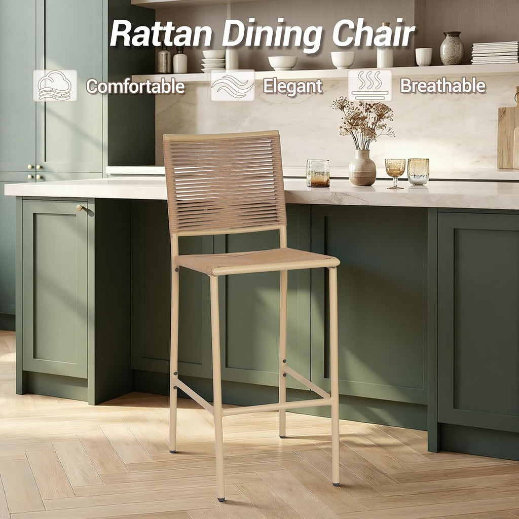 30" Patio Bar Stools Set of 4, Ergonomic Outdoor Wicker Bar Chairs with High Backrest, All-Weather Rope-Like Rattan Bar Height Barstools for Kitchen Island, Garden, Porch, Yellow