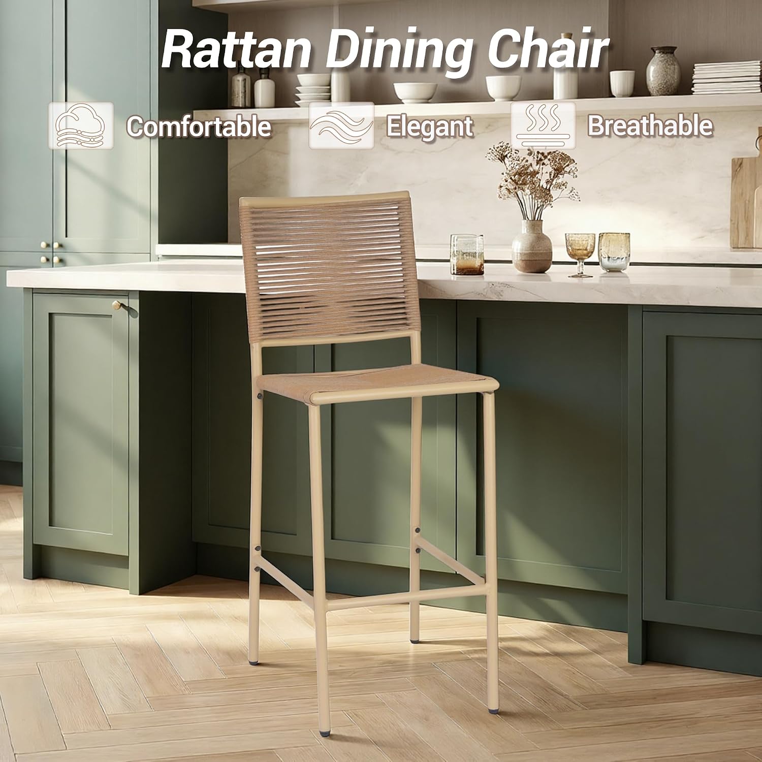 30" Patio Bar Stools Set of 4, Ergonomic Outdoor Wicker Bar Chairs with High Backrest, All-Weather Rope-Like Rattan Bar Height Barstools for Kitchen Island, Garden, Porch, Yellow