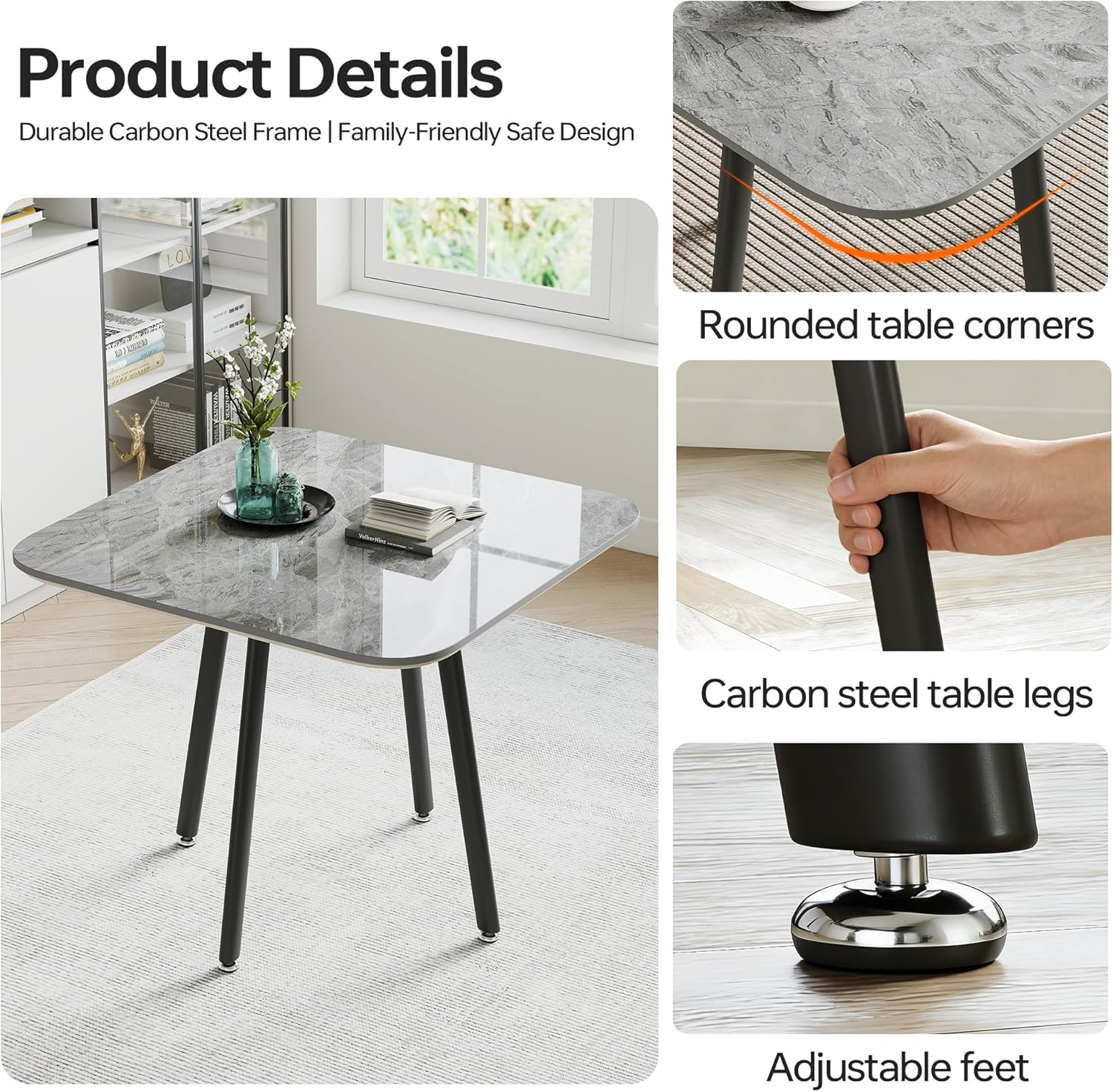 Square Sintered Stone Table Chair Set for 4, 31'' Gray Conference Table, Modern Home Dining and Reception