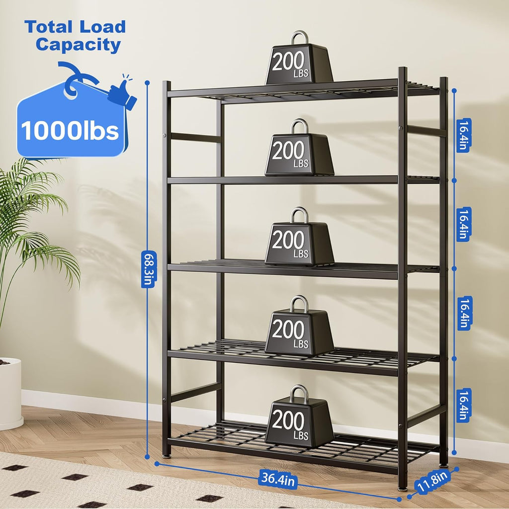 36.4" W Storage Shelves, 5-Tier Metal Shelving Unit with Adjustable Feet, Shelf Organizer for Garage, Kitchen, Pantry and Closet Organization, 36.4" x 11.8" x 68.3", Black