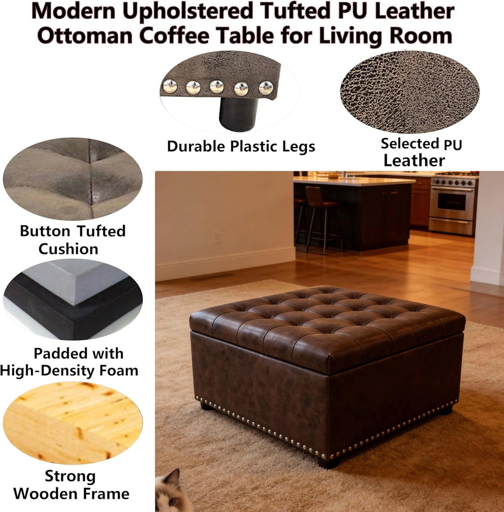 Brown PU Leather Large Square Storage Ottoman with Nailhead Trim for Living Room,30" Vintage Faux Leather Upholstered Ottoman Coffee Table,Tufted Ottomans with Storage and Seating
