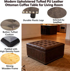 Brown PU Leather Large Square Storage Ottoman with Nailhead Trim for Living Room,30" Vintage Faux Leather Upholstered Ottoman Coffee Table,Tufted Ottomans with Storage and Seating