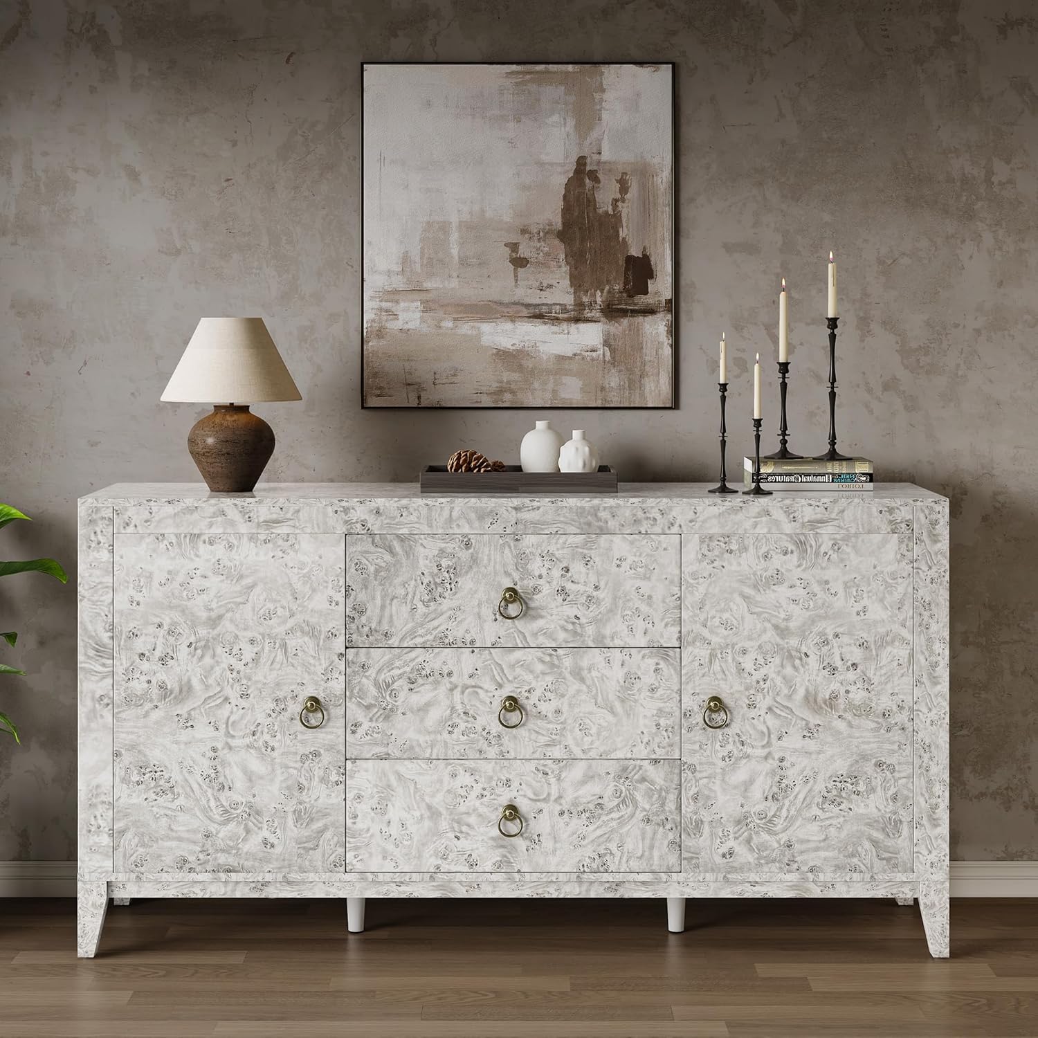 LUXOAK 60'' High Gloss Burl Wood Buffet Sideboard, Storage Cabinet with 3 Drawers & 2 Closed Cabinets, Modern Buffet Table for Dining Room,Living Room, Grey