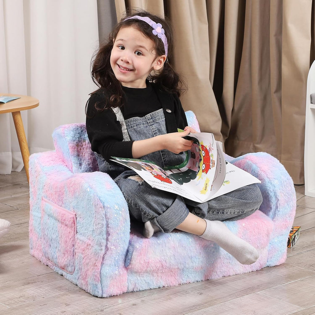 MOMCAYWEX Toddler Couch, 2-in-1 Kids Soft Couch Fold Out with Star Pillow, Foldable Sofa to Lounger, 1-Seat, Pink Tie Dye