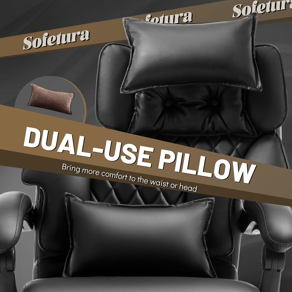 Massage Office Chair with Foot Rest,6 Points Vibration & Heat Executive Office Chairs,500LBS Big and Tall Office Chair for Heavy People,Ergonomic Reclining Desk Chair,Dual-Use Pillow,Home Office,Black