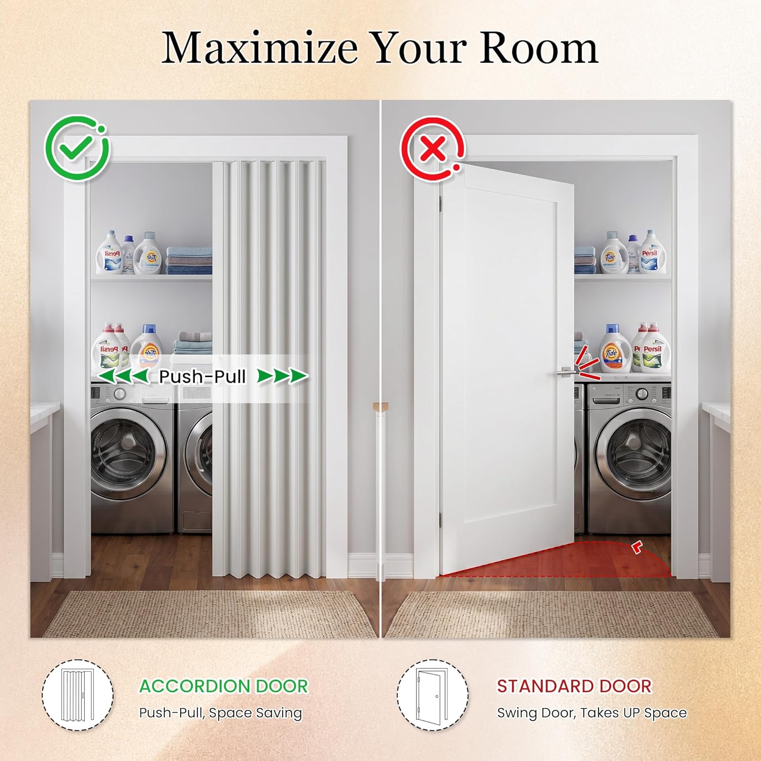 SmartStandard 24" x 80" Accordion Doors Interior, Double Walled Accordion Folding Doors for Closet, PVC Accordian Door for Doorway Bathroom Basement, Easy to Assemble, Space Saving, White