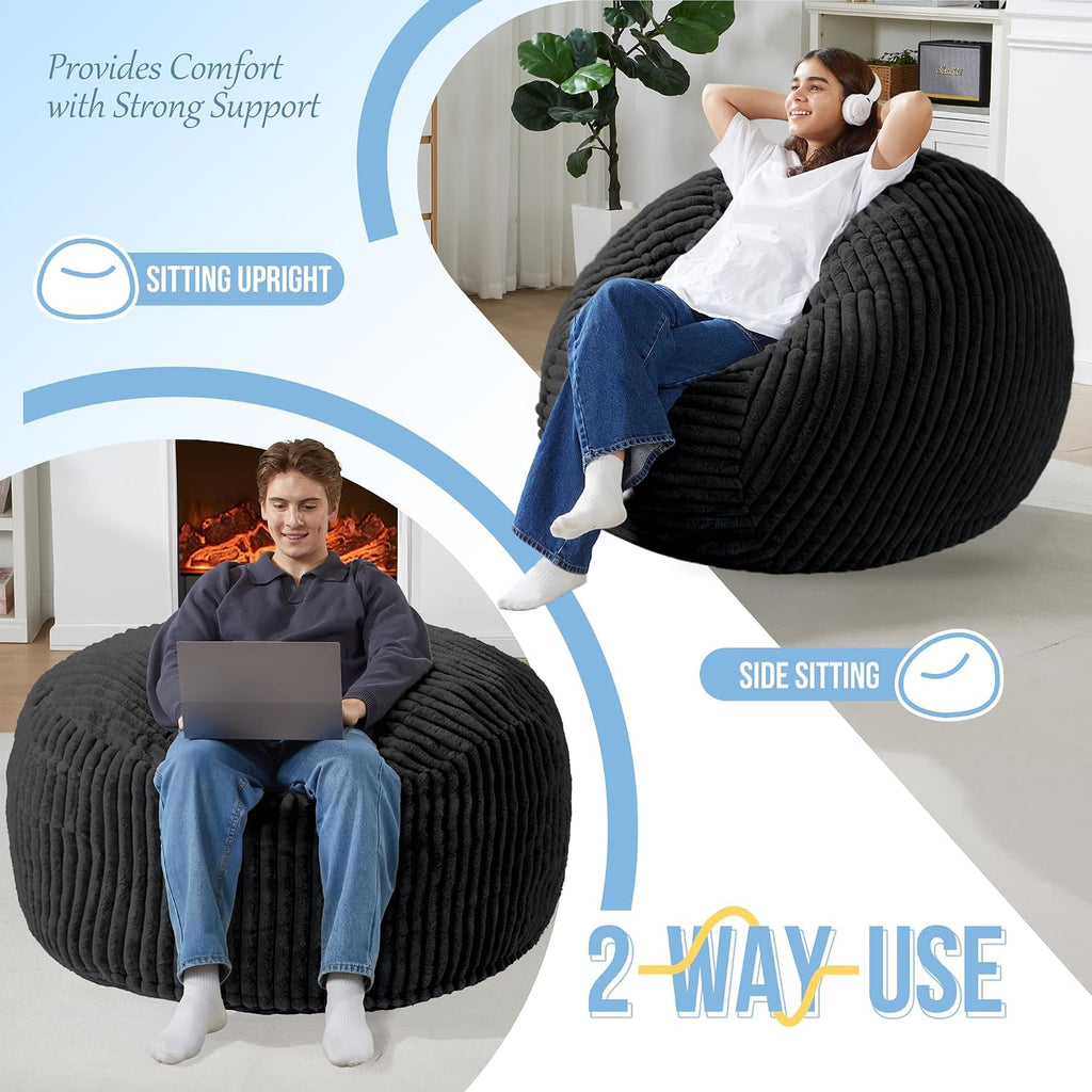 Homguava 3 FT Bean Bag Chair,3' Big Bean Bag,Large Bean Bag Chairs for Adults with Memory Foam Filled,Comfy Beanbag Chairs Soft Bean Bag Sofa with Dutch Corded Plush Cover-Jet Black