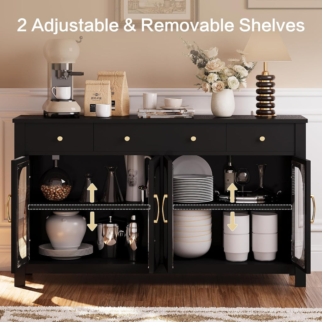 Sideboard Buffet Cabinet with Storage, 56" Buffet Table Coffee Bar Cabinet with Drawers and Glass Doors for Kitchen
