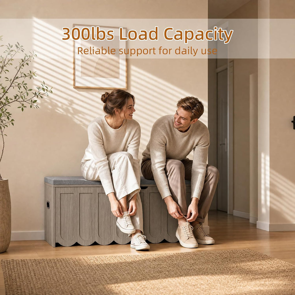 DHZ 47.2" Storage Bench, Storage Chest with Cushion Seat, 4 Swivel Wheels & 2 Safety Hinges, Wooden Entryway Bench with Storage, Large Toy Box for Entryway, Living Room, Bedroom