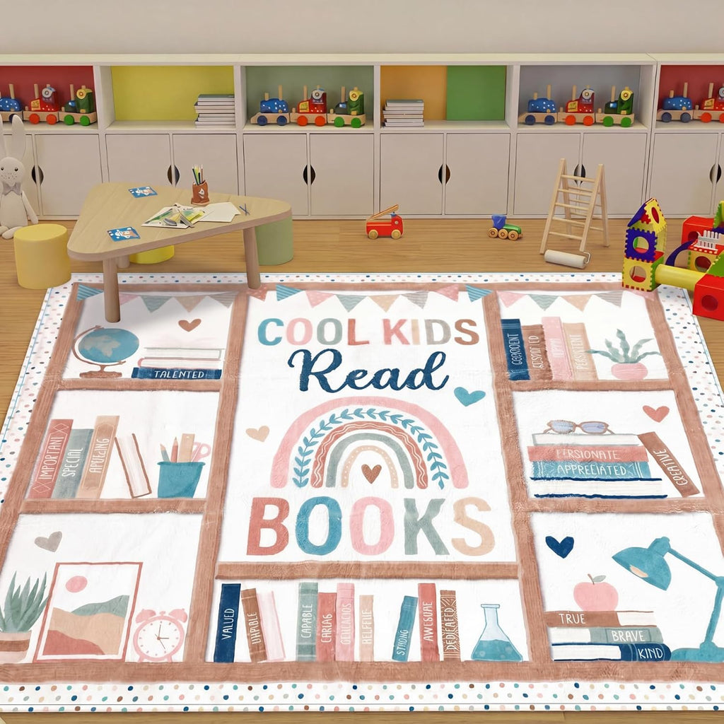 3.3 x 3.9 ft Boho Classroom Rug Library Reading Rug Calming Corner Mat Bookshelf Mental Health Area Washable Non Slip Soft Fluffy Carpet for School Bedroom Living Room Playroom